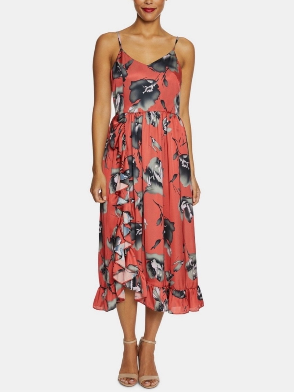 Avec Les Filles Rust Floral Faux Wrap Ruffle Midi Dress 2
